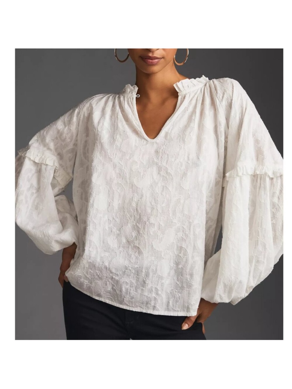 Cream Long-Sleeve Textured Peasant Blouse